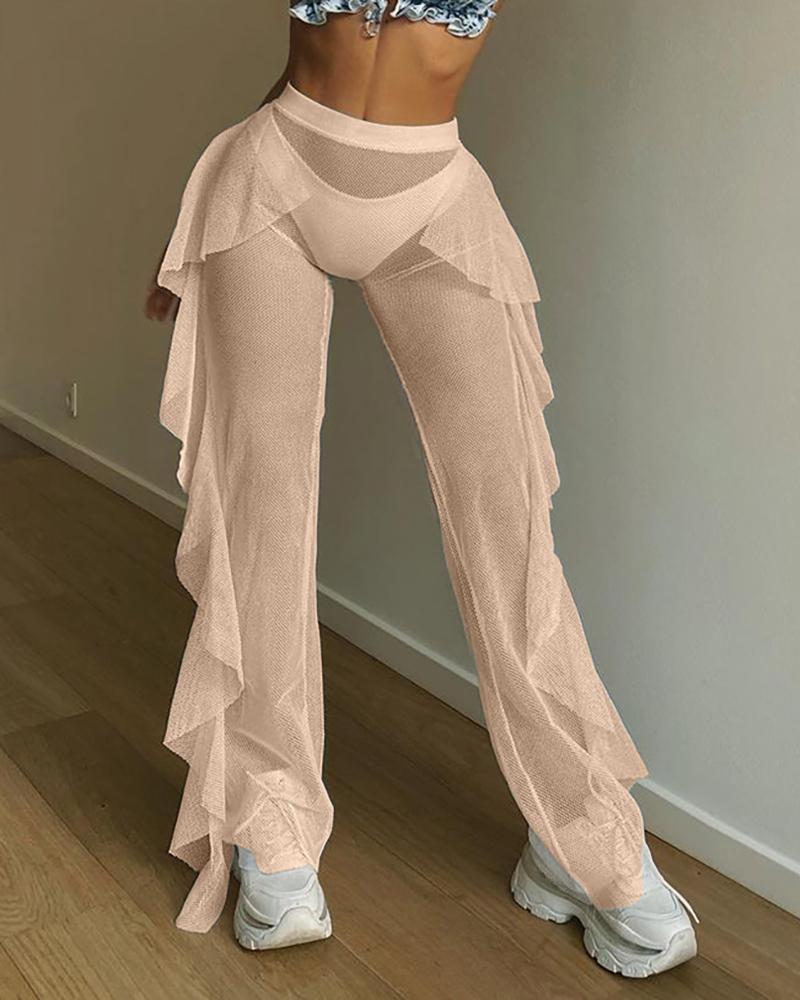 High Waist Sheer Mesh Ruffles Cover Up Pants