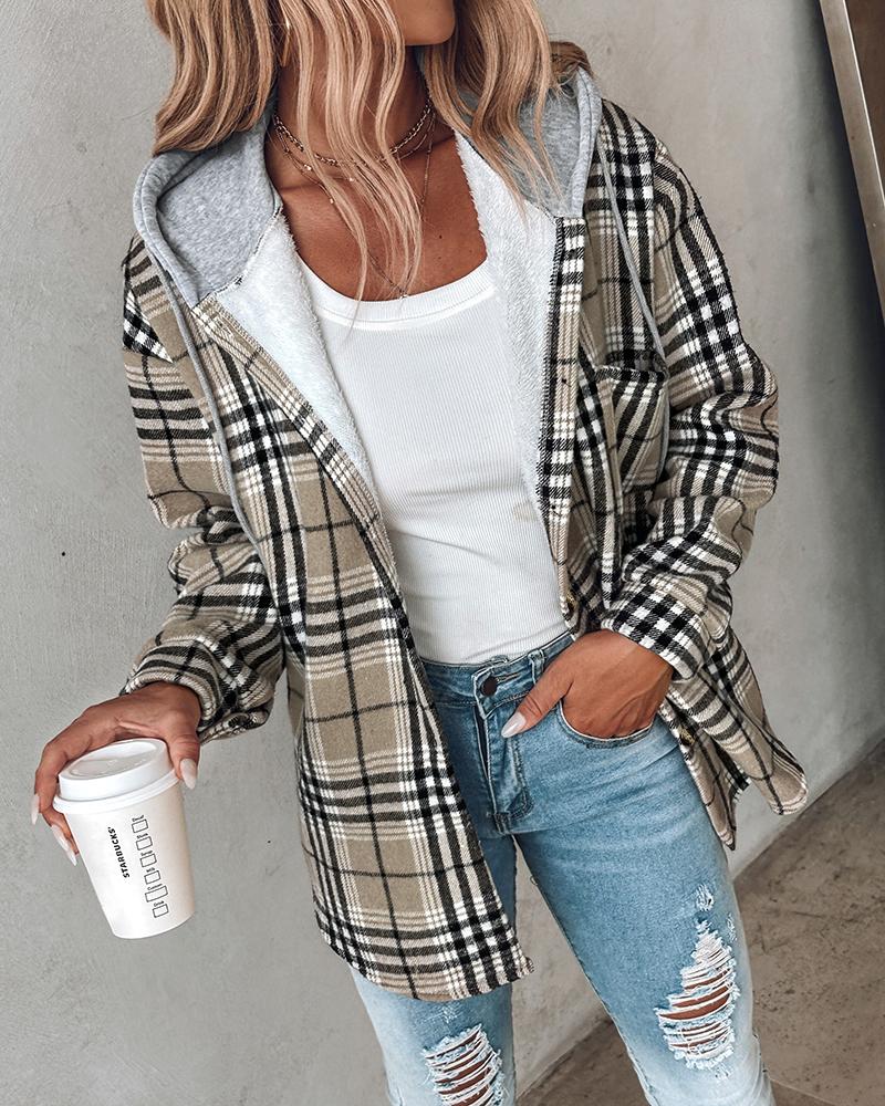 Colorblock Plaid Print Hooded Shacket