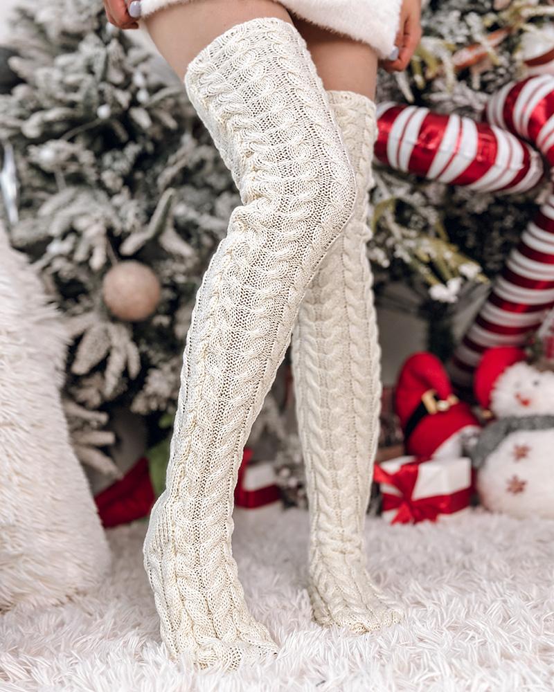 1Pair Cable Knit Over The Calf Fluffy Tube Socks