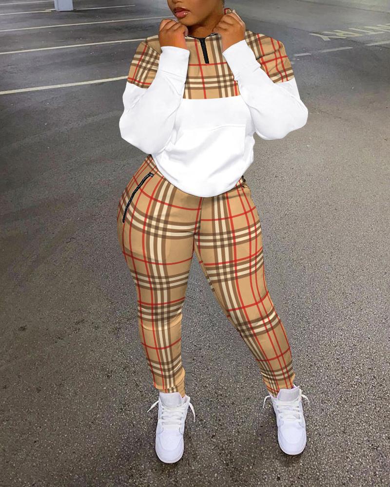 Plaid Print Zip Detail Long Sleeve Top & Pants Set