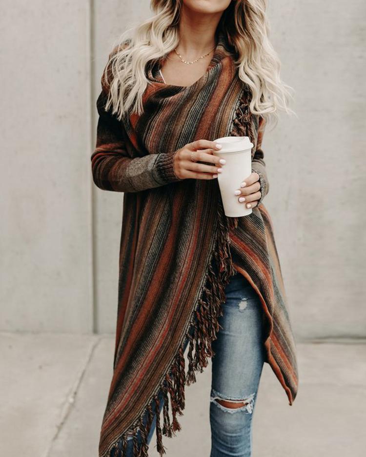 Asymmetric Tassel Pinstriped Pullover Cardigan