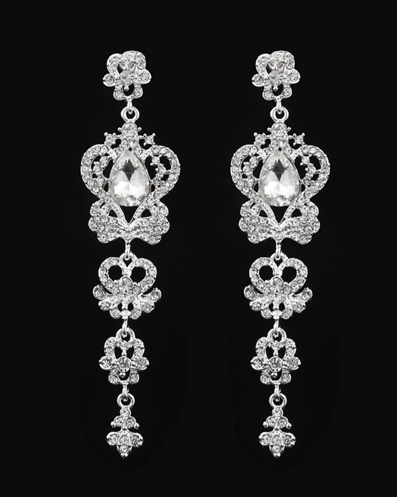 1Pair Hollow Out Rhinestone Crown-shaped Wedding Bridal Drop Earrings