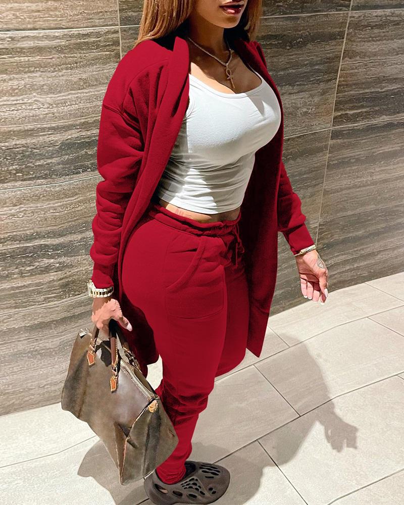 Long Sleeve Open Front Coat & Drawstring Pants Set