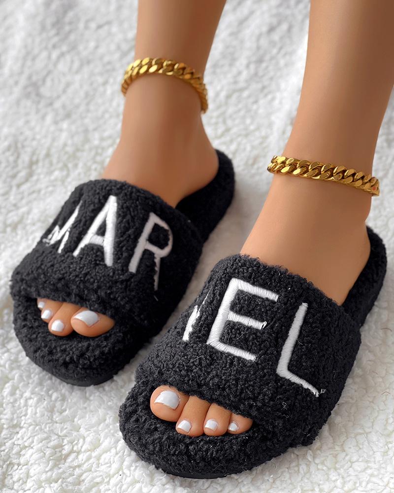 Letter Embroidery Fuzzy Winter Slippers