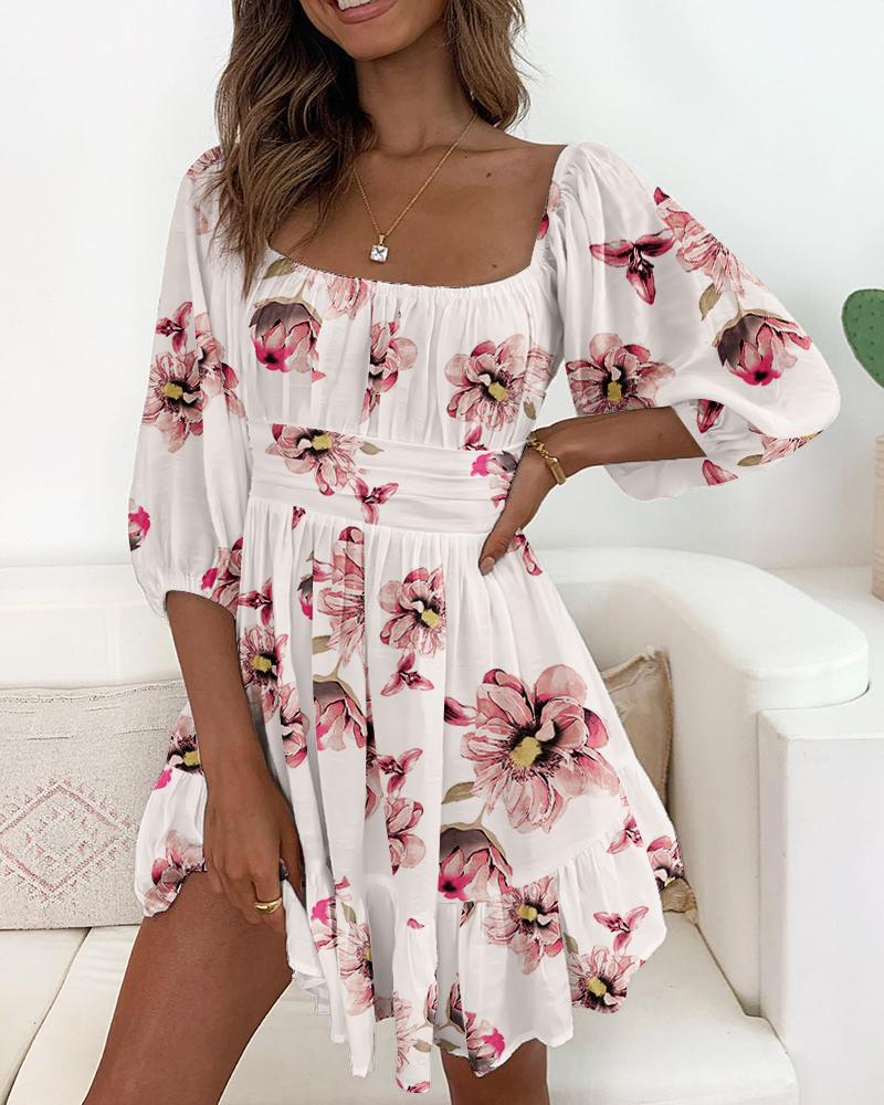 Print Dresses  ChicMe Lantern Sleeve Ruffle Hem Floral Print Dress