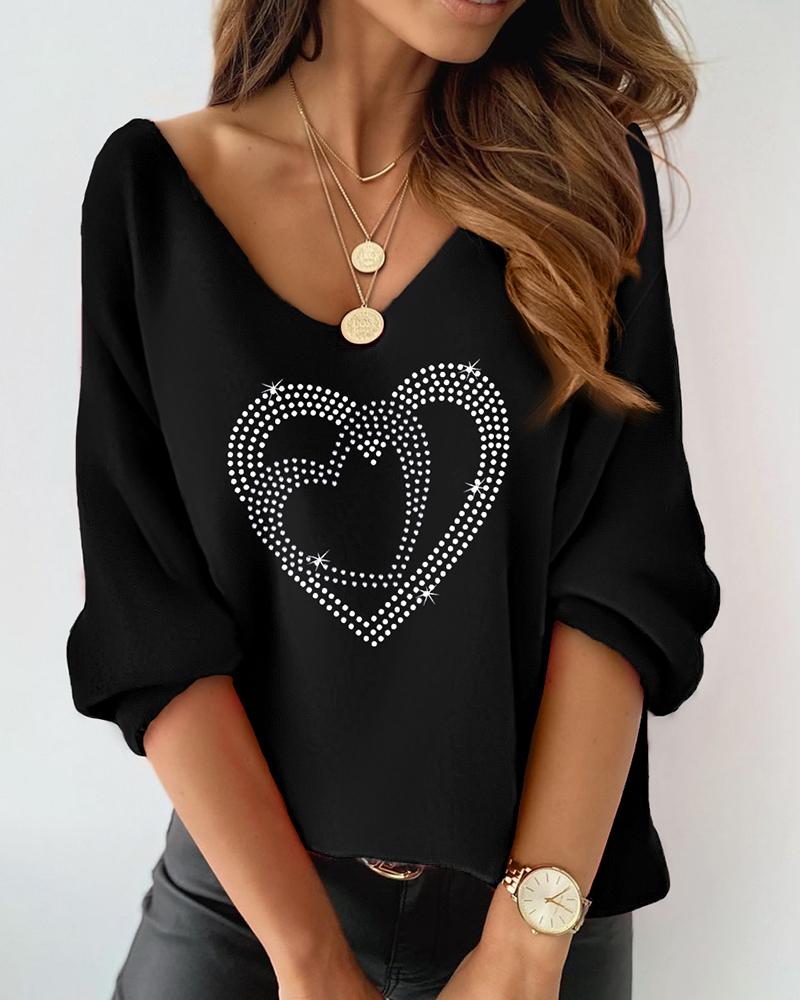 Valentine's Day Rhinestone Double Heart Pattern Casual Top