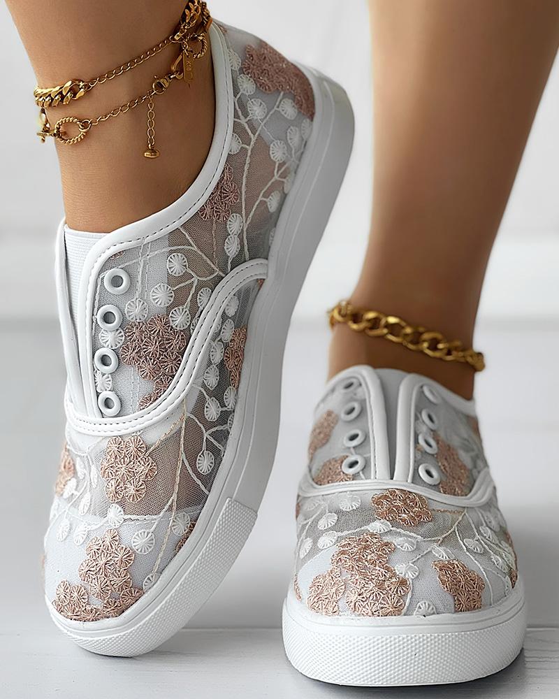 Floral Embroidery Sheer Mesh Slip-On