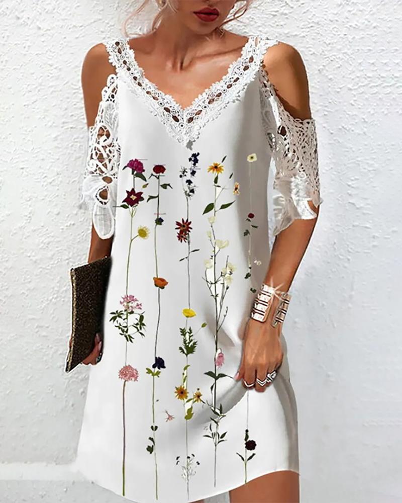 Casual Dresses Guipure Lace Cold Shoulder Floral Print Dress