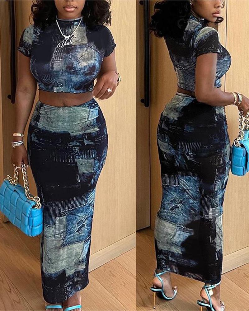 Denim Look Print Crop Top & Skirt Set