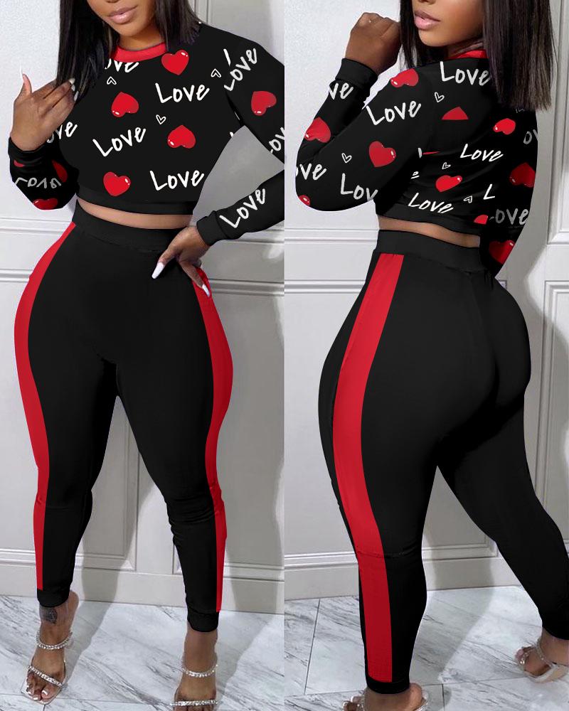 Valentine's Day Love Heart Print Top & Contrast Paneled Pants Set