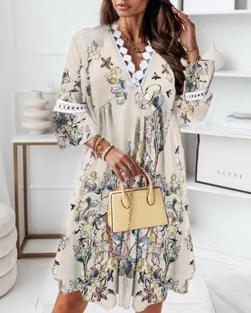 Casual Dresses  ChicMe Floral Print Contrast Lace Bell Sleeve Casual Dress