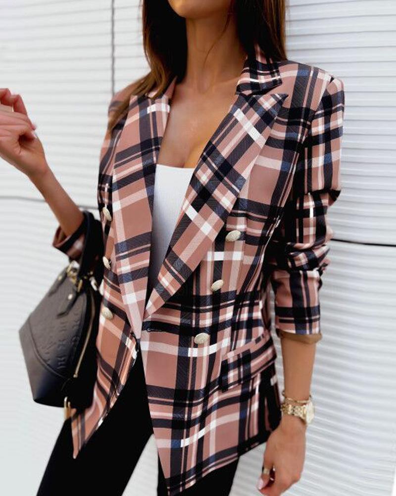 Plaid Print Long Sleeve Double Breasted Blazer