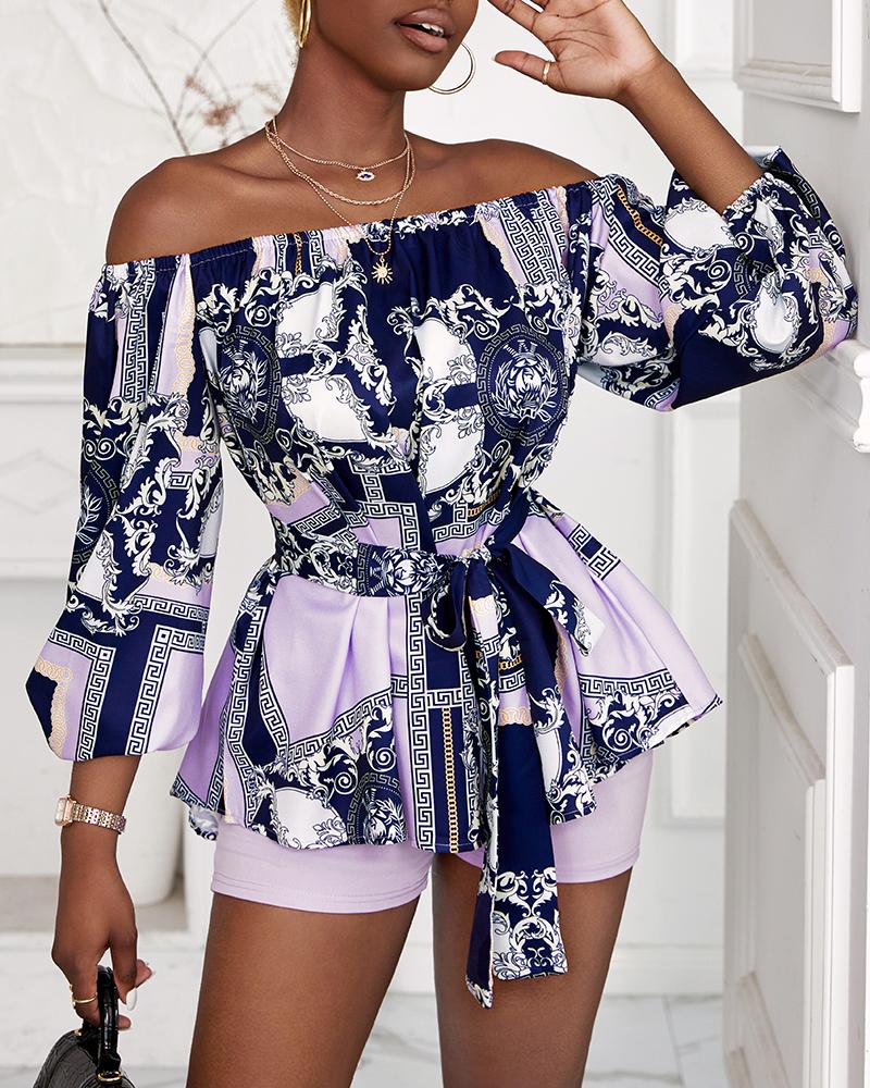 Scarf Baroque Print Off Shoulder Top & Shorts Set