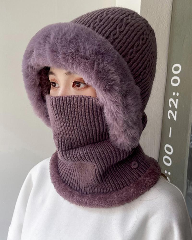 Fuzzy Winter Warm Cable Knit One-Piece Mask Scarf Beanie Hat