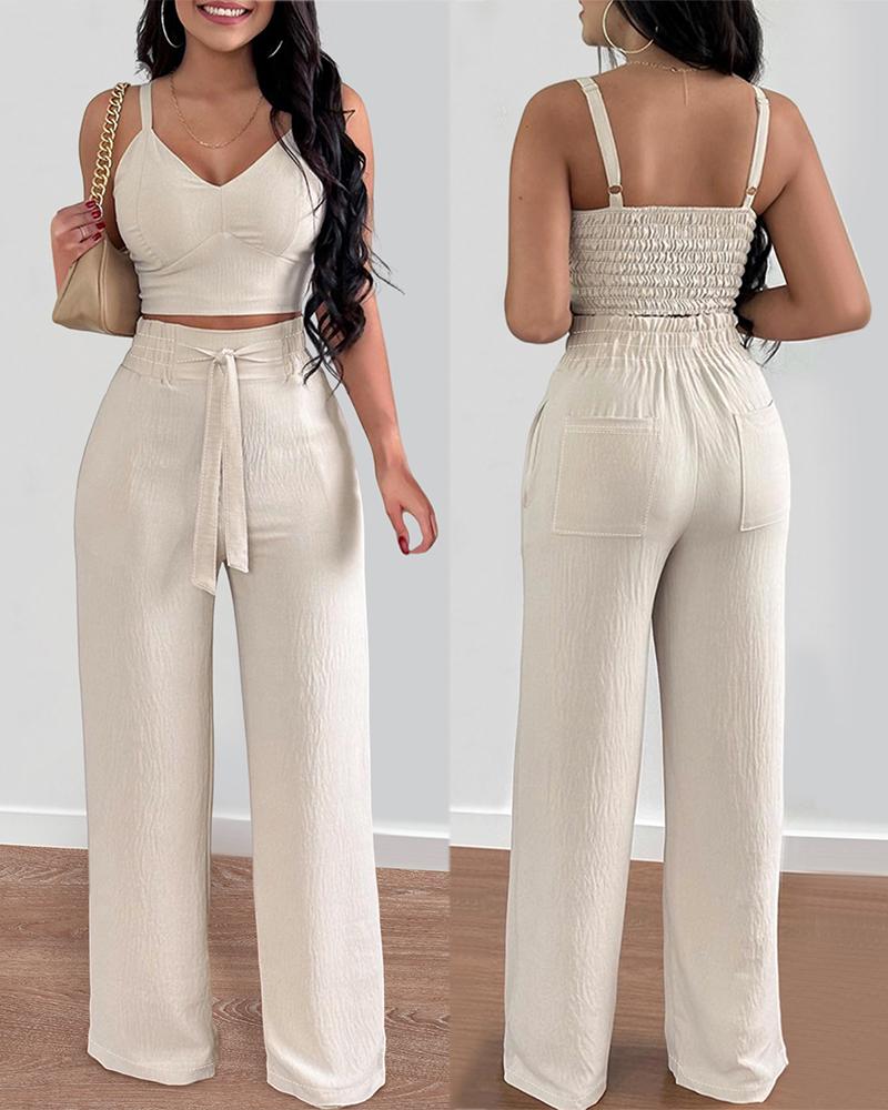 Shirred Crop Top & Pocket Design Wide Leg Pants Set