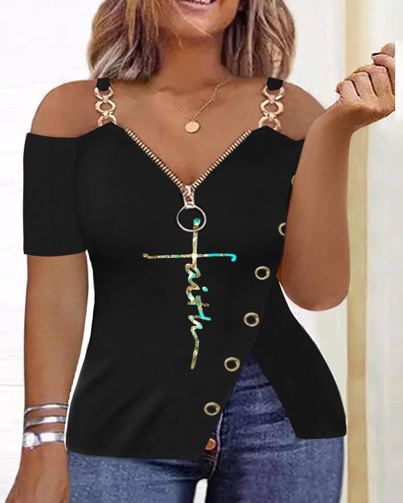 Plus Size Faith Print Split Hem Zip Detail Cold Shoulder Top