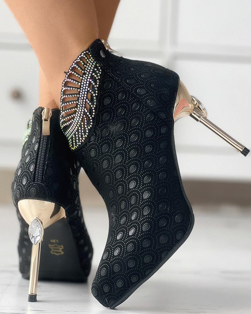 Graphic Rhinestone Decor Stiletto Heel Ankle Boots