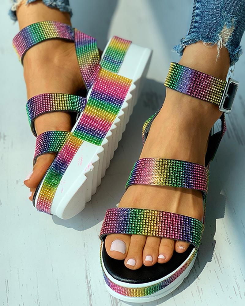 Flats-Sandals  ChicMe Rhinestone Colorblock Buckled Platform Sandals