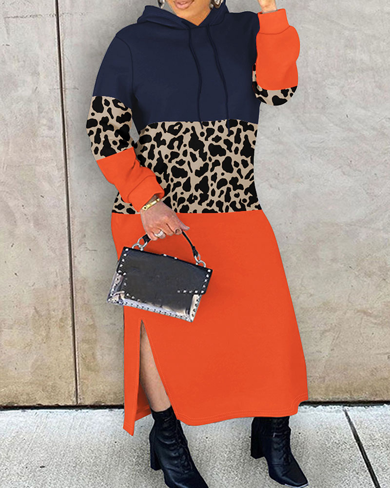 Plus Size Leopard Print Colorblock Slit Hooded Sweatshirt Dress