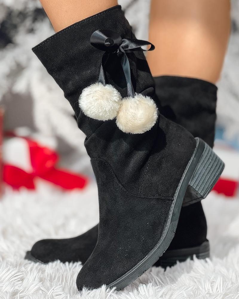 Bowknot Design Pom Pom Ruched Ankle Boots