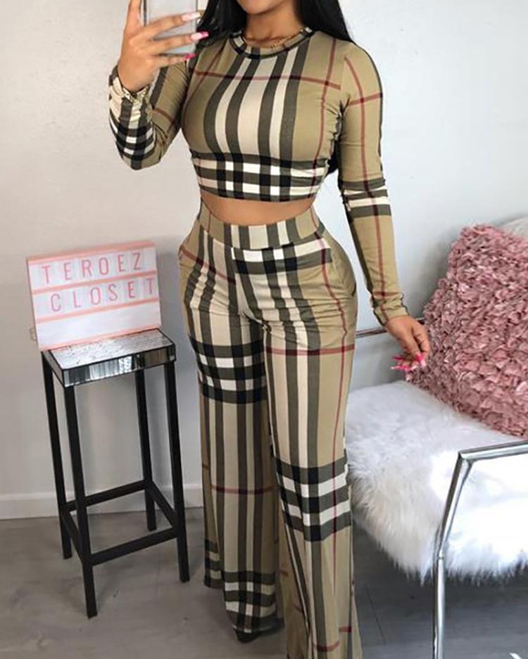 Plaid Print Crop Top & Wide Leg Pants Sets