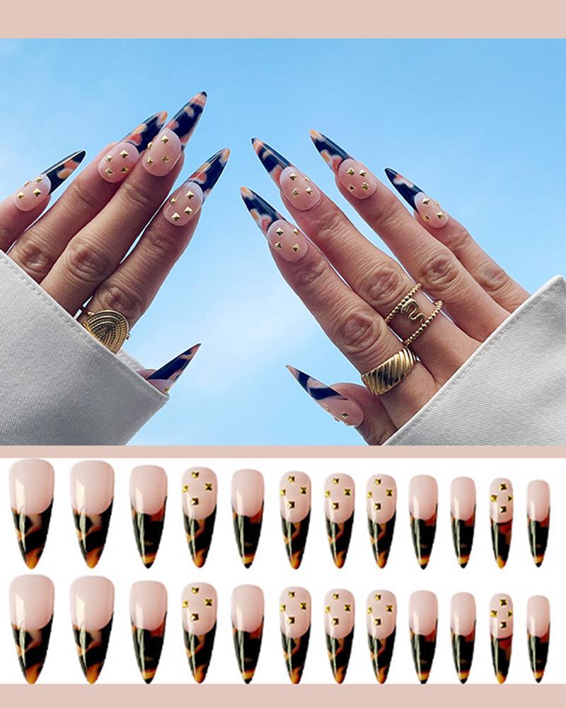 24pcs Colorblock Glossy Rhinestone Decor Press On False Nails Set With Glue