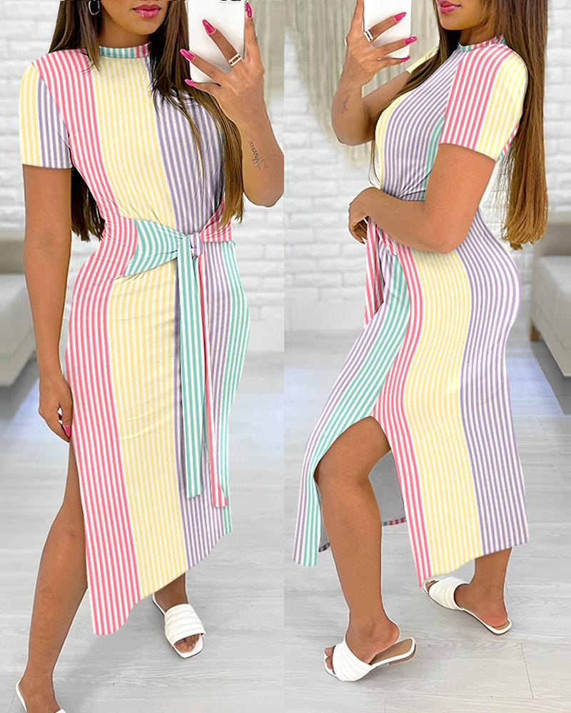 Casual Dresses  ChicMe Striped Colorblock Knotted Side Slit Casual Dress