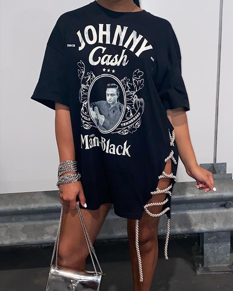 Graphic Print Side Lace-up Slit T-shirt