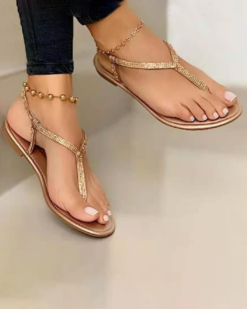 Flats-Sandals Toe Post Slingback Rhinestone Decor Sandals