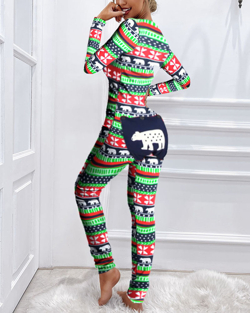   ChicMe Christmas Animal Print Functional Buttoned Flap Adults Pajamas