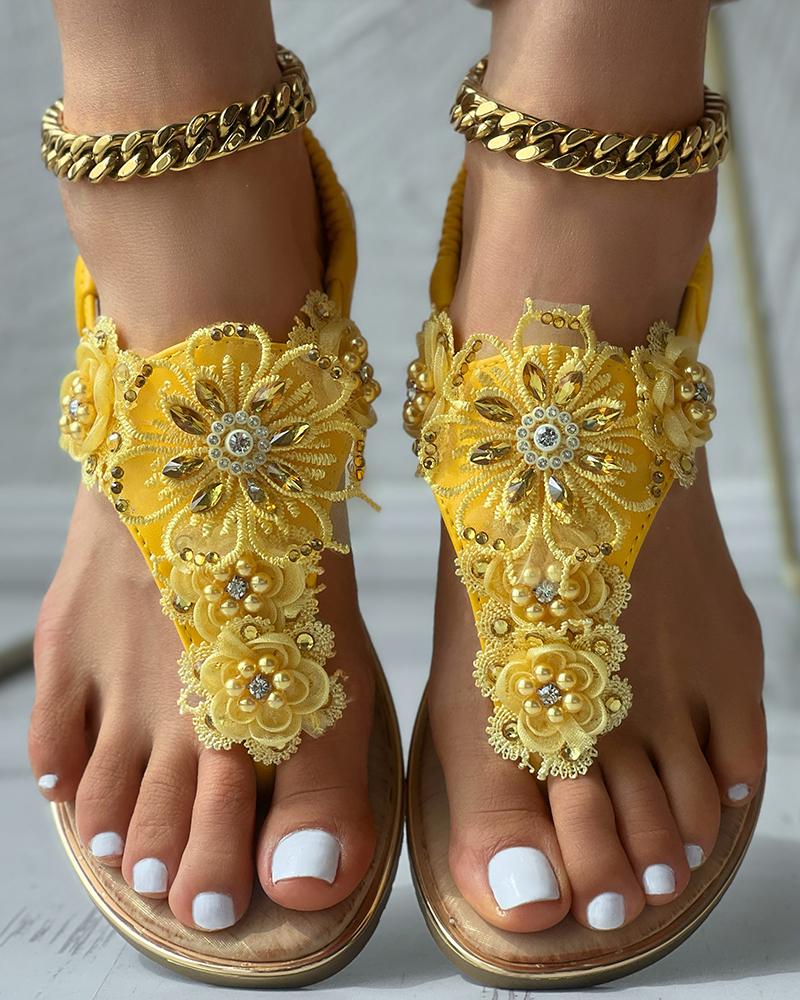 Rhinestone Floral Pattern Slingback Summer Beach Sandals
