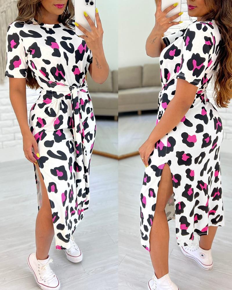 Casual Dresses Pink Leopard Print Tied Detail Slit Casual Dress