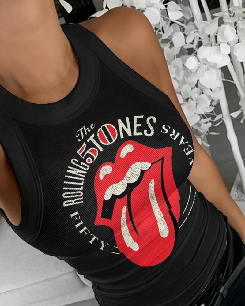 Lip Letter Print Ribbed Tank Top