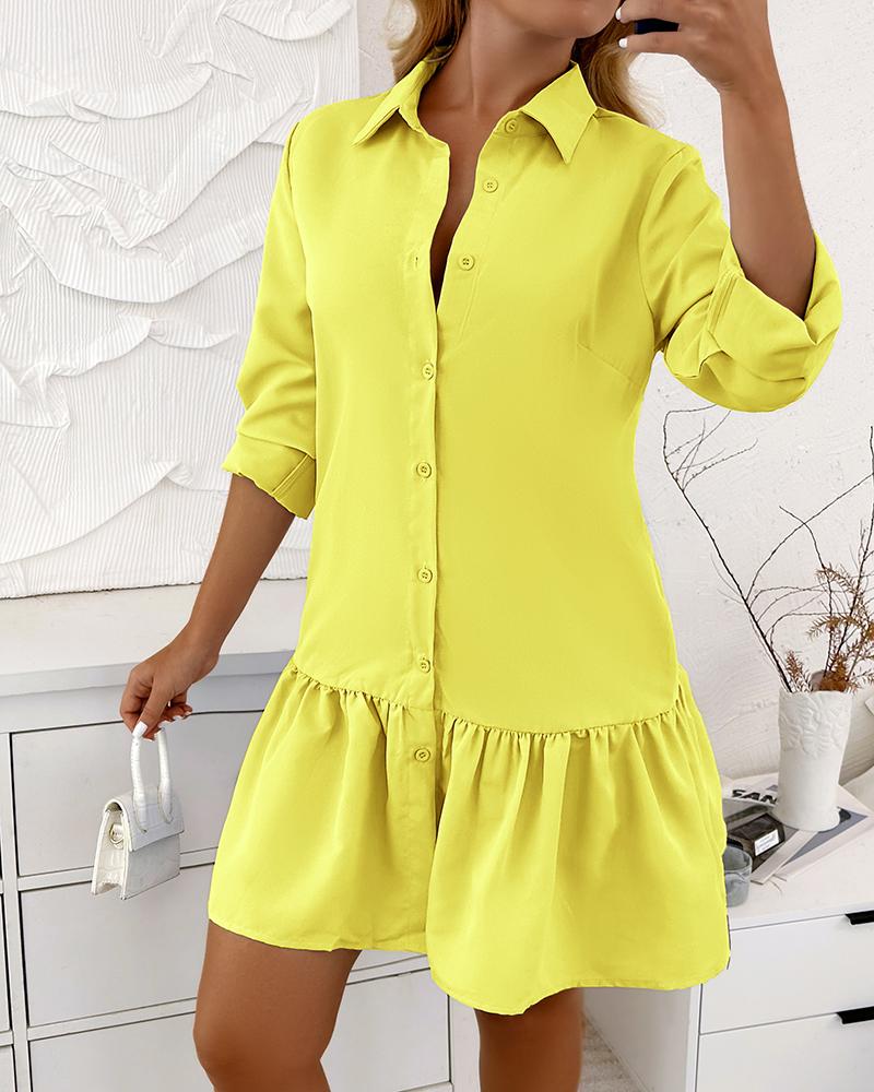 Long Sleeve Buttoned Ruffle Hem Shirt Dress