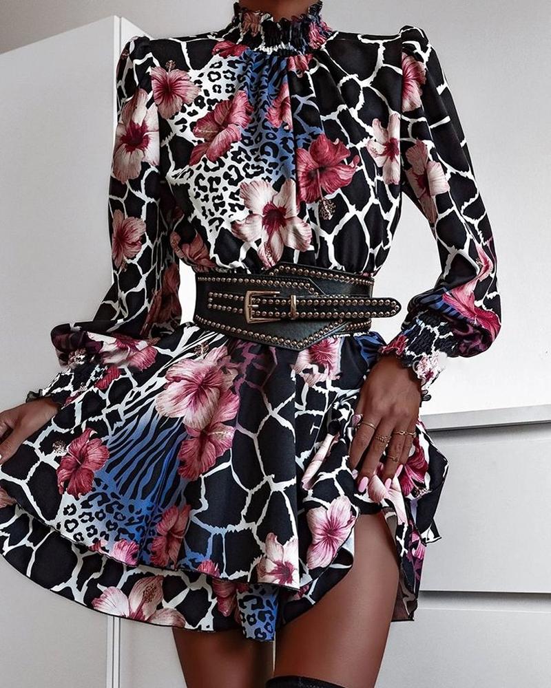 Print Dresses Floral Abstract Cheetah Print Puff Sleeve Dress