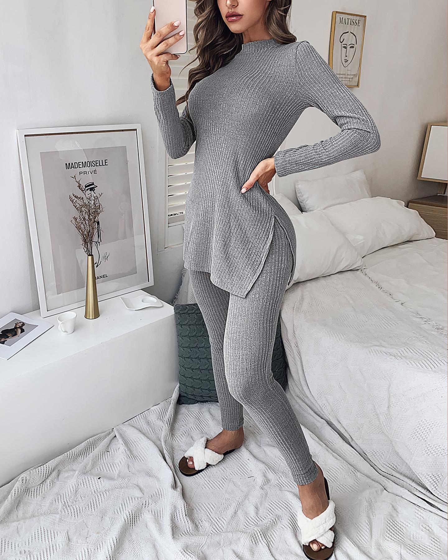 Slit Long Sleeve High Neck Knit Pajamas Set