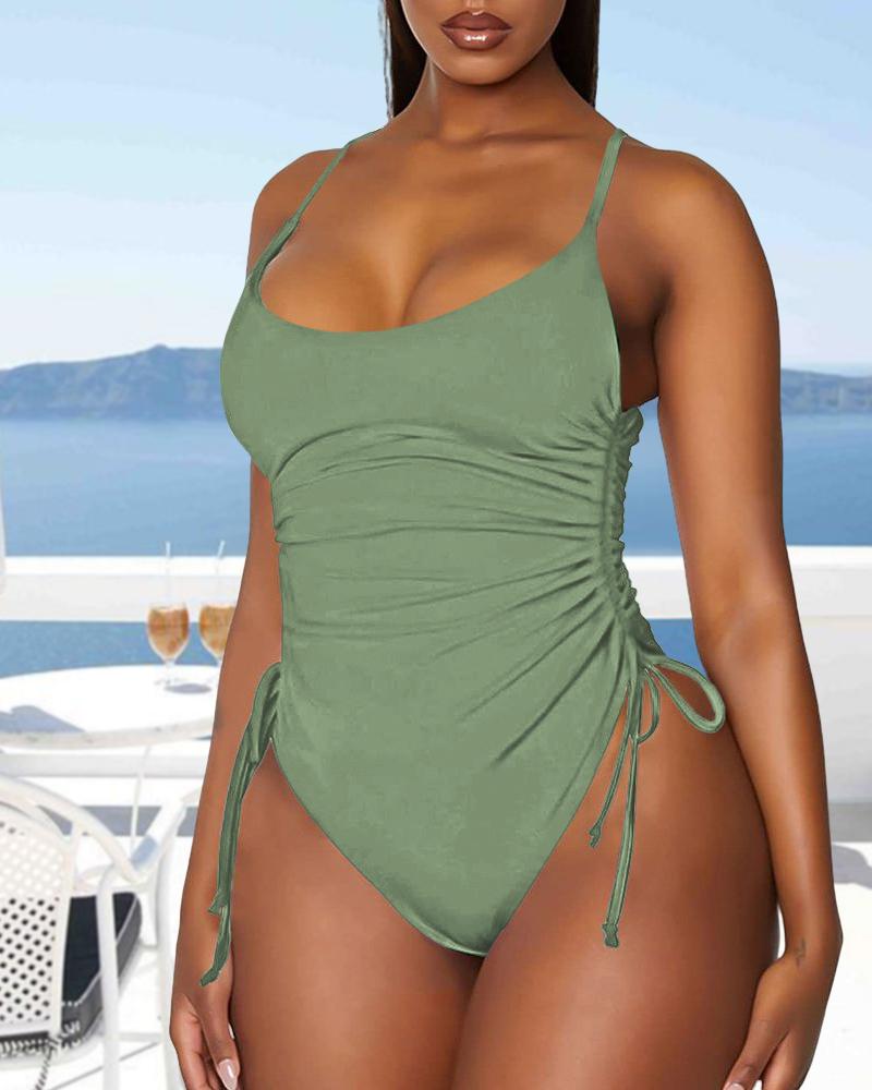 Drawstring U-Neck Sleeveless One Piece Swimsuit