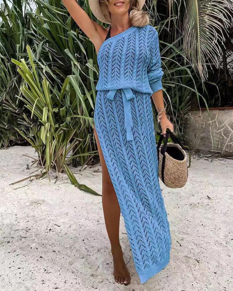 One Shoulder High Slit Hollow Out Crochet Cover Up Beach Dress