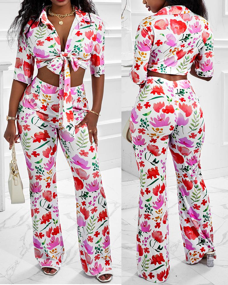 Floral Plants Print Knotted Top & Pants Set