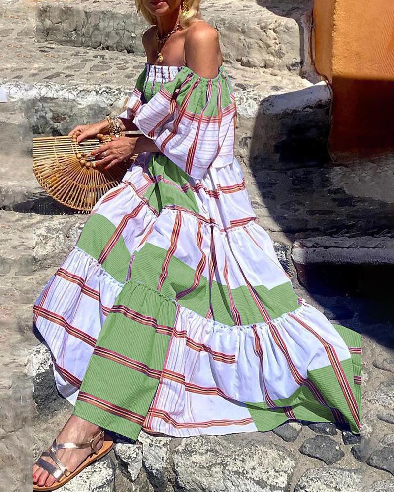 Striped Colorblock Off Shoulder Shirred Ruffles Maxi Dress