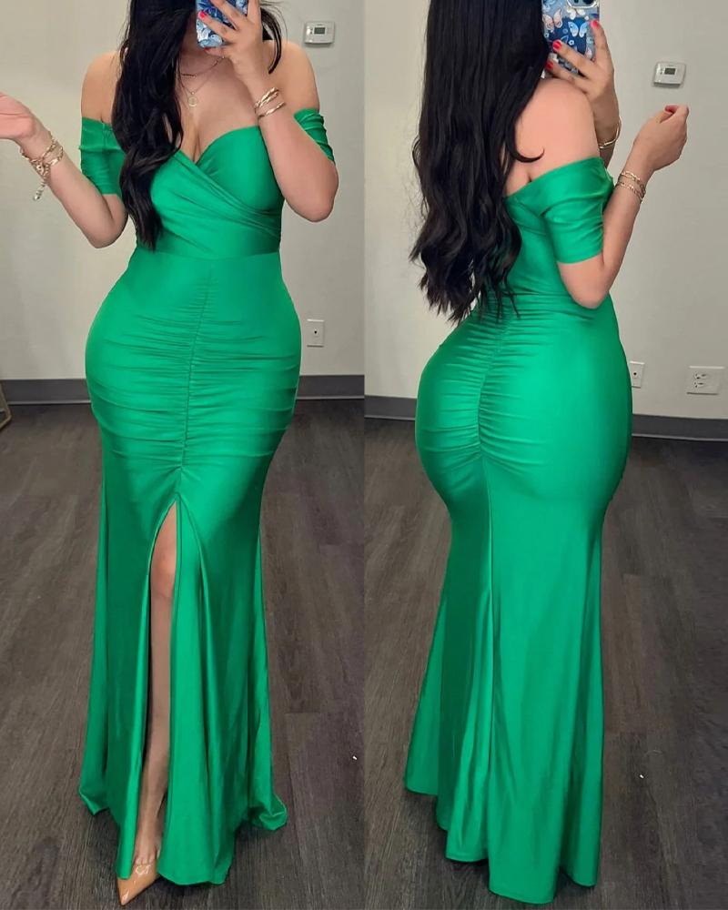 Off Shoulder Slit Ruched Overlap Bodycon Dress