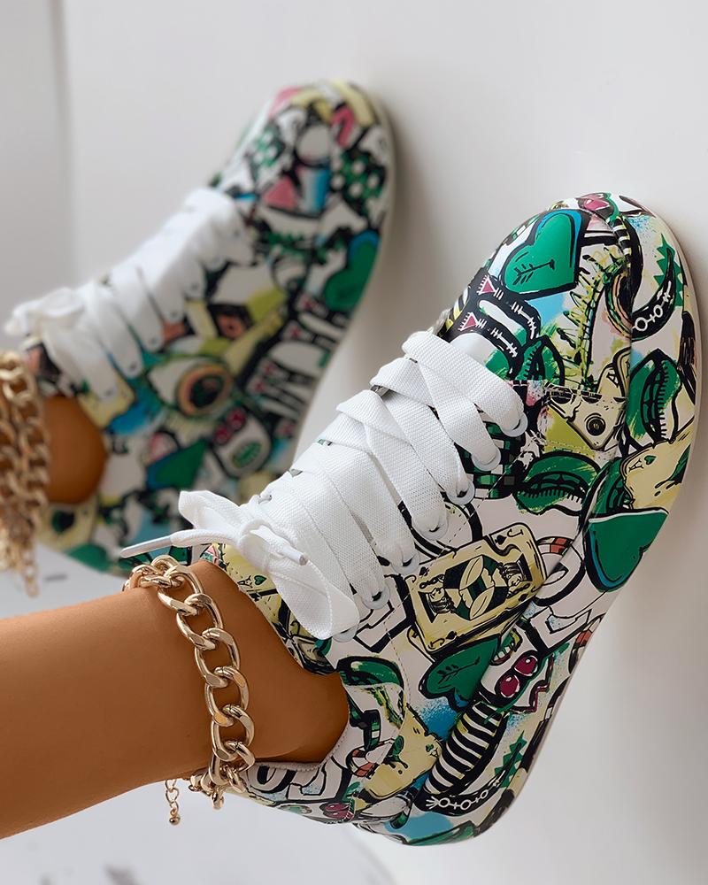 Lace-up Front Painting Print Platform Sneakers