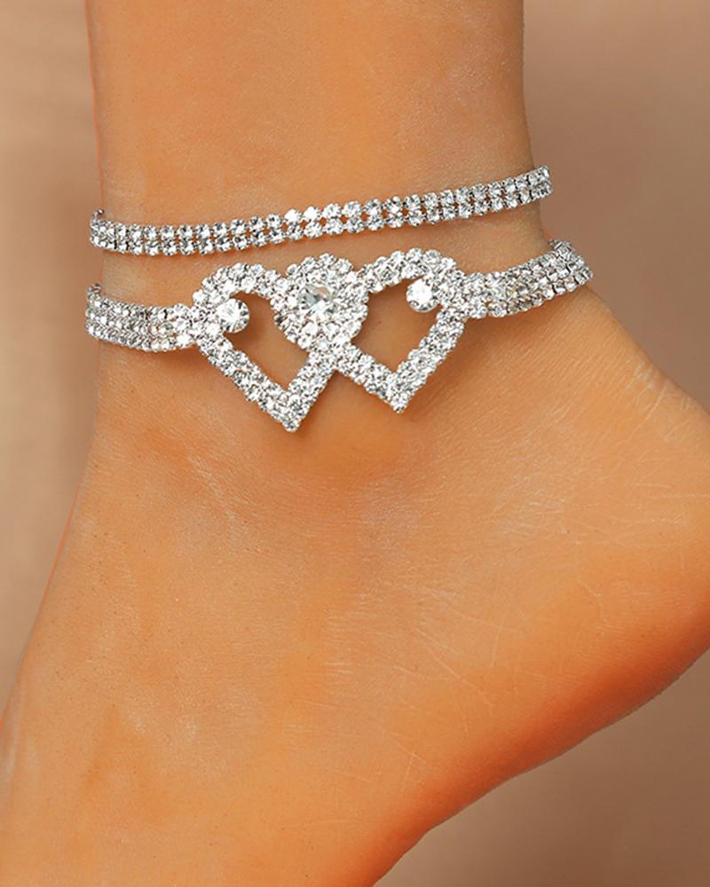  2PCS/Set Rhinestone Double Heart Stackable Anklets