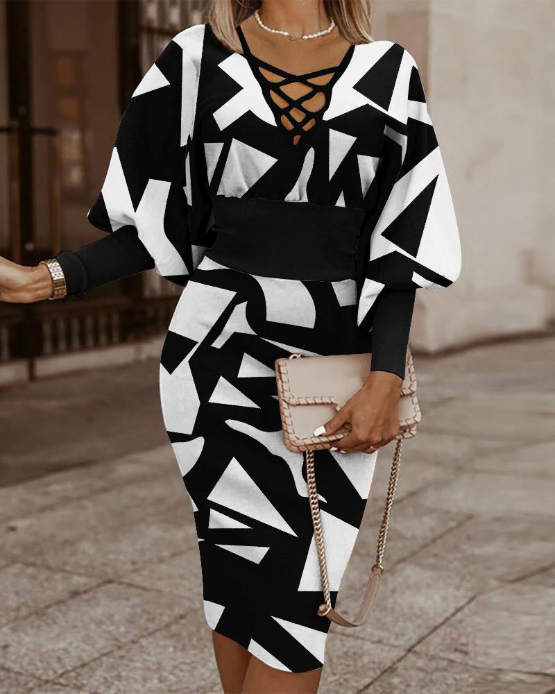 Geometric Print Lantern Sleeve Midi Dress