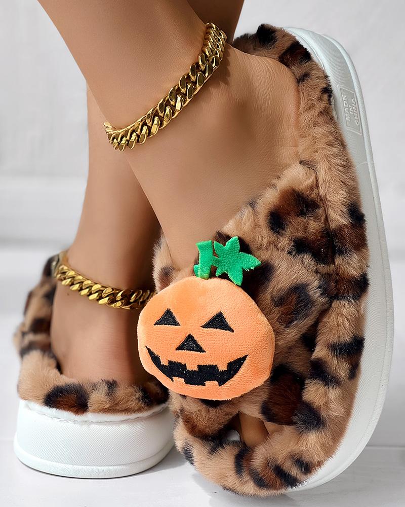 Halloween Pumpkin Head Pattern Leopard Cross Strap Platform Fluffy Slippers