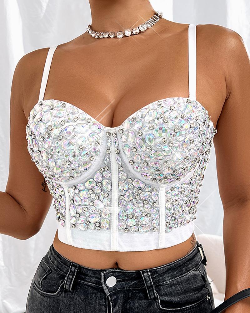 Gem Stone Decor Buckle Back Crop Corset Top