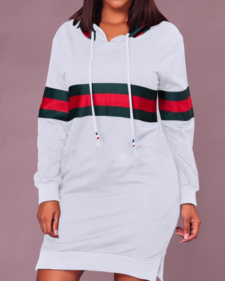 Casual Dresses  ChicMe Contrast Wide Stripes Slit Hooded Sweatshirt Dress