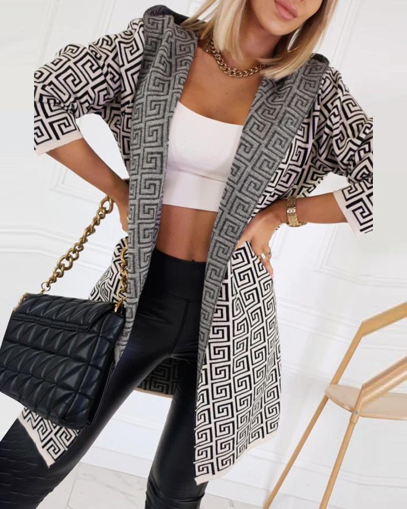 Geometric Print Long Sleeve Hooded Knit Cardigan