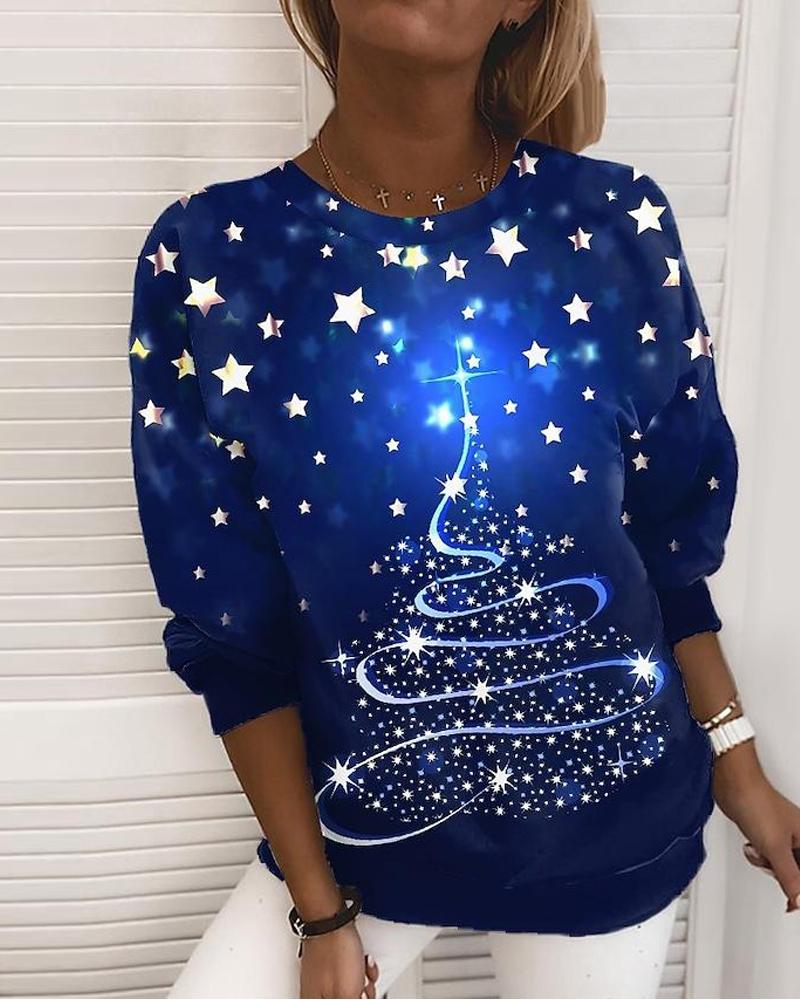 Christmas Tree Star Print Long Sleeve Sweatshirt