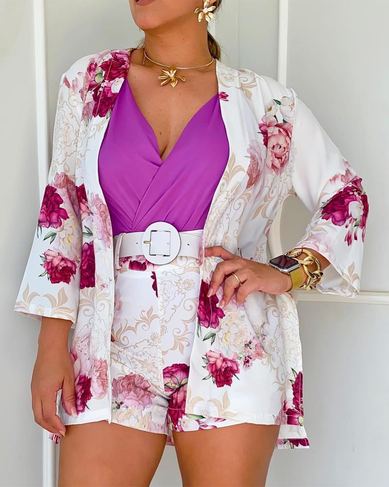 Floral Print Open Front Top & High Waist Shorts Set